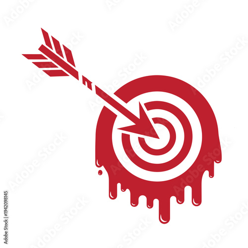 Red arrow hitting bullseye target with melted effect around it on white background