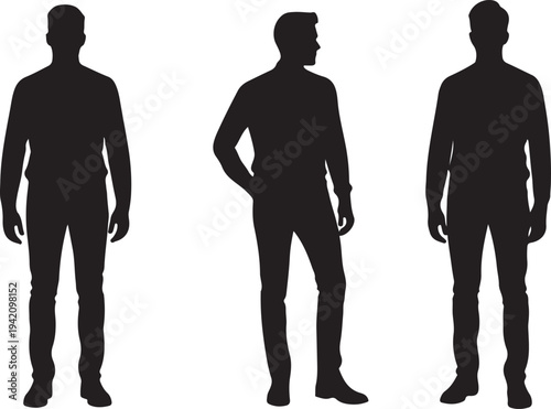 Three men silhouettes standing in casual poses for business and professional fashion advertising and graphic design vector illustration