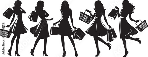 Group of women silhouettes walking and carrying shopping bags after buying clothes in a fashion mall vector design