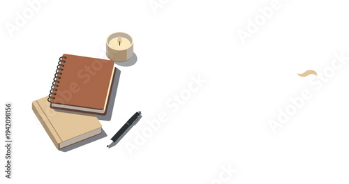 Minimal Digital Detox. Minimal digital detox lifestyle concept with notebook book candle and pen loosely arranged seen from a