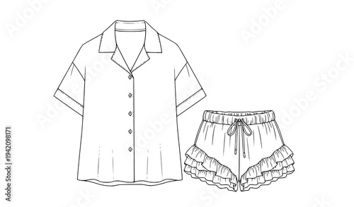 Resort collar pajama set with ruffle shorts women sleepwear vector