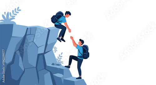 Vector illustration of two people climbing rocky cliff, helping each other