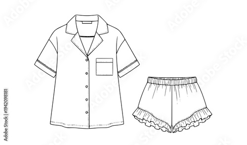 Female resort collar pajama outfit with frill shorts fashion vector