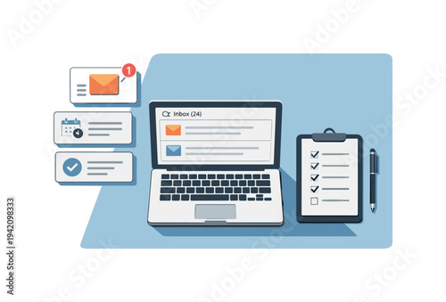 Refined contemporary email productivity workflow concept with essential inbox cards laptop and checklist subtly offset and