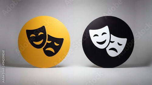 Studio shot of overlapping theatrical masks representing comedy and tragedy on contrasting yellow and black backgrounds