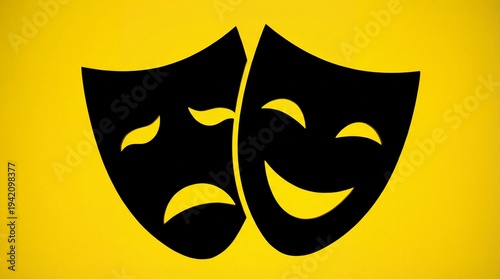 Dramatic Comedy and Tragedy Masks on a Bright Yellow Background