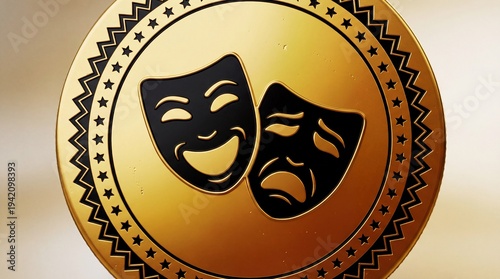 Golden theatrical masks symbolizing drama and comedy on a circular emblem with intricate border design