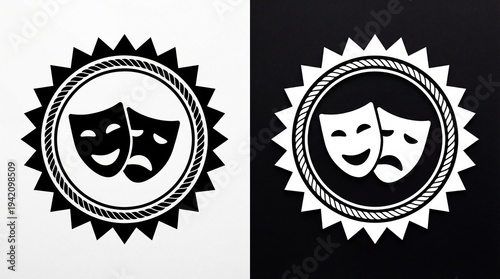 Theater masks symbolizing drama and performance art in a minimalist emblem design