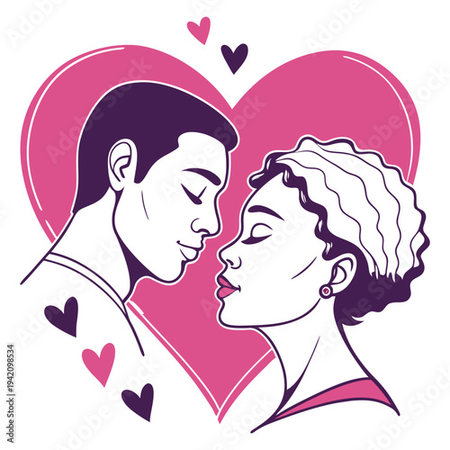 Purple line of couple touching noses in front of pink heart