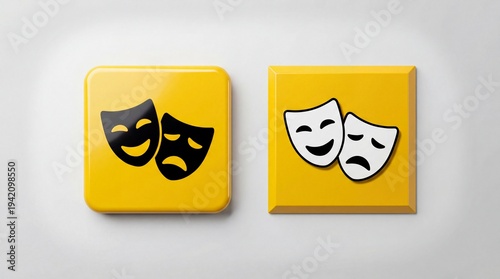 Theater masks on yellow blocks, a representation of drama and comedy in a modern setting.