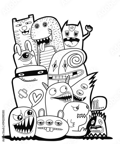 Hand-drawn illustrations, monsters doodle, Hand Drawn cartoon monster illustration,Cartoon crowd doodle hand-drawn Doodle style.black and white stripes coloring  book.