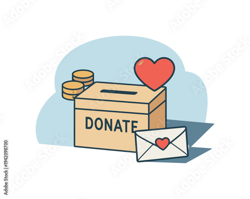 Refined contemporary donation and charity concept with essential donation box coins heart and envelope subtly offset and aligned