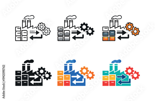 Factory production process icons with gears and arrows showing input and output flow