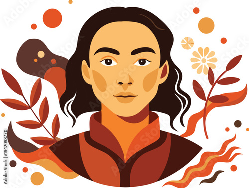 Woman with long dark hair and red clothing surrounded by autumn leaves and flowers