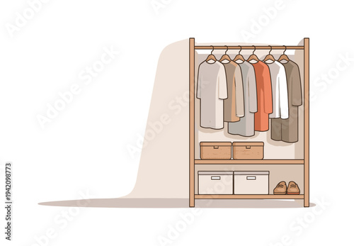 Minimalist clothing rack with organized storage for a tidy bedroom or dressing room