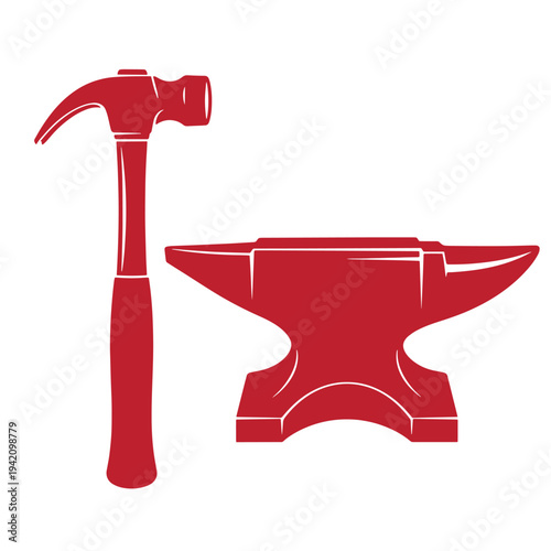 red hammer and anvil tools for metalworking and construction on white background