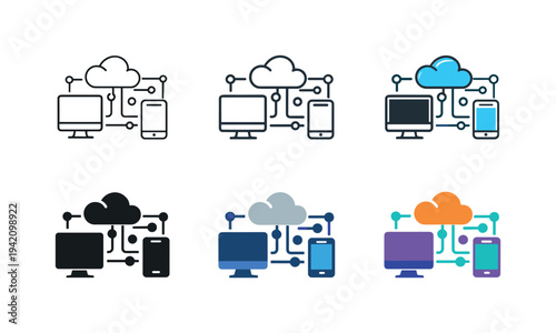Digital Services Icon Grid. Digital online services icon showing a stylized computer, smartphone, and cloud connected by network