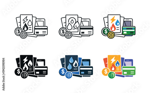 Utility bill payments icon showing stylized bills, payment cards, currency symbols, and digital devices representing electricity,