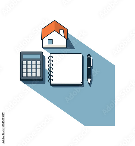 Refined contemporary mortgage planning concept with essential calculator house model pen and notebook subtly offset and aligned