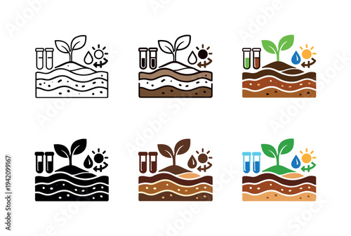 Crop soil quality icon depicting stylized soil layers, plants, test tubes, and measurement symbols representing agricultural
