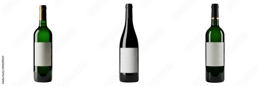 Naklejka premium Set of Three Green and Dark Glass Wine Bottles with Blank White Labels Isolated on White Background - Elegant Bordeaux and Burgundy Style Bottles for Vineyard and Alcohol Brand Mockups PNG