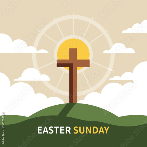 Easter Sunday Cross on Hill with Sunburst and Clouds