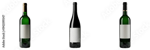 Set of Three Green and Dark Glass Wine Bottles with Blank White Labels Isolated on White Background - Elegant Bordeaux and Burgundy Style Bottles for Vineyard and Alcohol Brand Mockups PNG