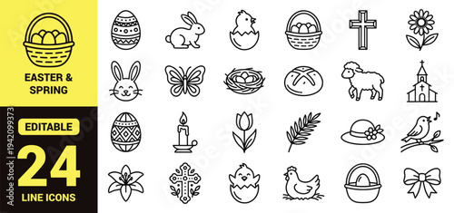 Easter and spring icon set with eggs, bunnies, flowers, crosses, worship symbols, seasonal decor, and essential Easter ranking elements illustrated in clean modern line‑art vector style