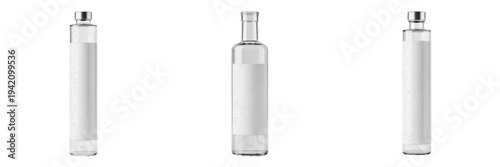 Set of Three Tall Slim Glass Liquor Bottles with Blank Labels Isolated on White Background - Clear Cylinder Bottles for Vodka, Gin, Spirits, and Premium Product Mockup Templates