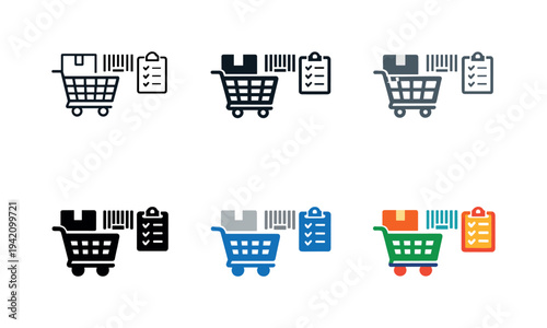 Stock management symbol showing a shopping cart, barcode, box, and clipboard, conveying retail inventory tracking, product