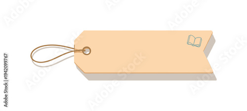 Flat blank bookmark tag lying horizontally seen from a top-down angle, offset to the left third of a 3:2 canvas with open space