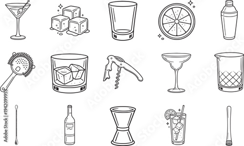 A collection of bar tools illustration, with each element a symbol of the craft, perfect for designs related to beverage and cocktail.