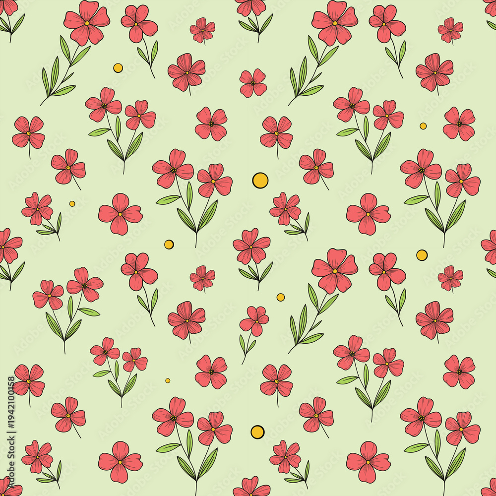 Fototapeta premium Decorative hand drawn seamless floral pattern with red meadow flowers on pale green background