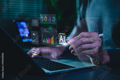 Artificial intelligence data analytics concept. Professional using laptop with dashboard, machine learning charts, real time data processing to generate predictive insights and business intelligence.