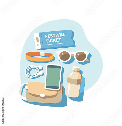 Airy festival ticket essentials concept emphasizing clarity and organization seen in top-down macro perspective, positioned in
