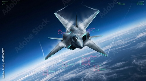 A futuristic stealth fighter jet flying high above Earth's atmosphere, with digital combat overlays.