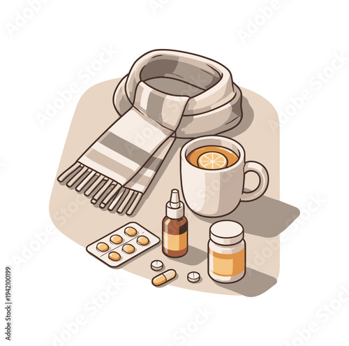 Refined contemporary cold season care essentials with essential scarf mug and medicine elements subtly offset and aligned seen