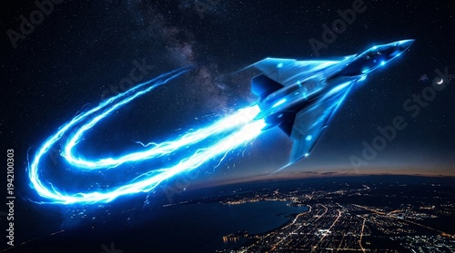 Futuristic blue glowing jet streaks across a night sky above a brightly lit city coastline, leaving a vibrant energy trail.