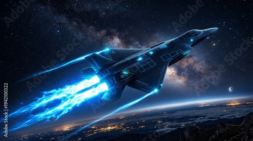 Futuristic jet aircraft with glowing blue engines soaring above Earth into the starry cosmos.