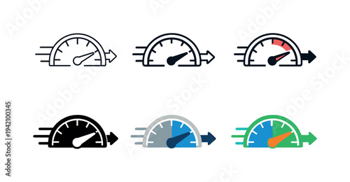 High-speed performance icon showing a dynamic gauge with motion lines and arrows representing acceleration, efficiency, and rapid