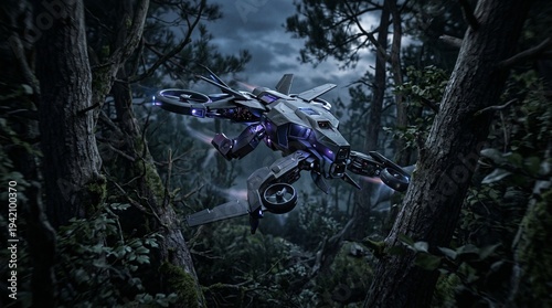 A futuristic dark aircraft with glowing accents hovers mysteriously within a dense, dark forest at night under a cloudy sky.