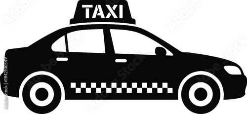 Minimal vector silhouette, taxi cab side view with roof sign, solid black, isolated on white background.