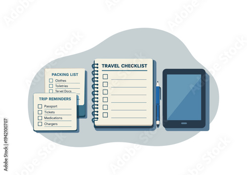 Clean travel reminders checklist concept viewed from above with generic notebook checklist cards tablet and pen aligned clearly,