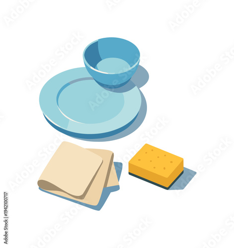 Minimalist Dish Setup. Minimal clean dishes routine concept with plate bowl sponge and towel loosely arranged seen from a top-down