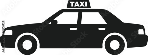 Minimal vector silhouette, taxi cab side view with roof sign, solid black, isolated on white background.