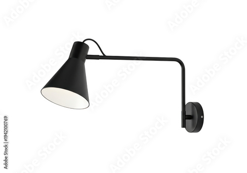 Modern black wall lamp with adjustable arm and white interior lining isolated on transparent background