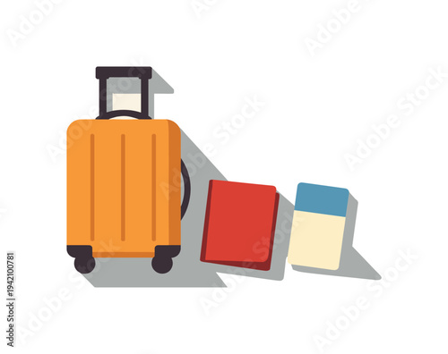 Airport travel essentials concept with simple carry-on suitcase passport and boarding pass shapes arranged neatly seen from