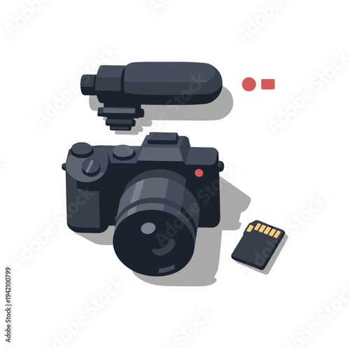 Minimal video content creation essentials with camera mic and memory card loosely arranged seen from a top-down angle, offset to