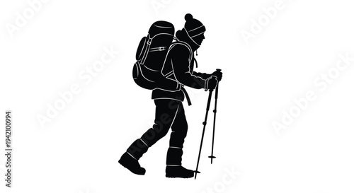 Vector silhouette of a hiker with backpack and trekking poles
