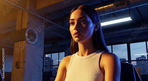 Young woman focused while sitting in an office chair at night  